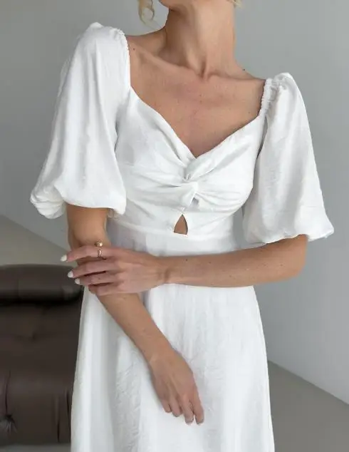 

2025 Off - Shoulder Puff Sleeve Knot Front Midi Dress Y2K Korean Wave Music, Party Dress Keyhole Detail Stylish New Women Dress