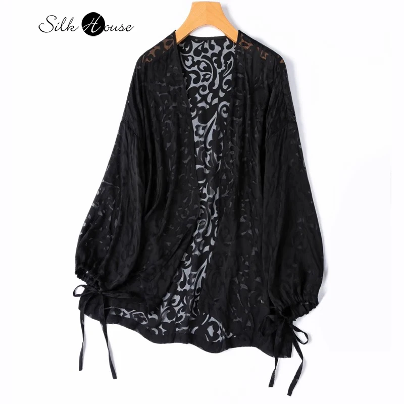 Versatile Natural Mulberry Silk Flower Cutting Silk Semi Transparent Sunscreen Shawl Lantern Sleeves Black Jacket