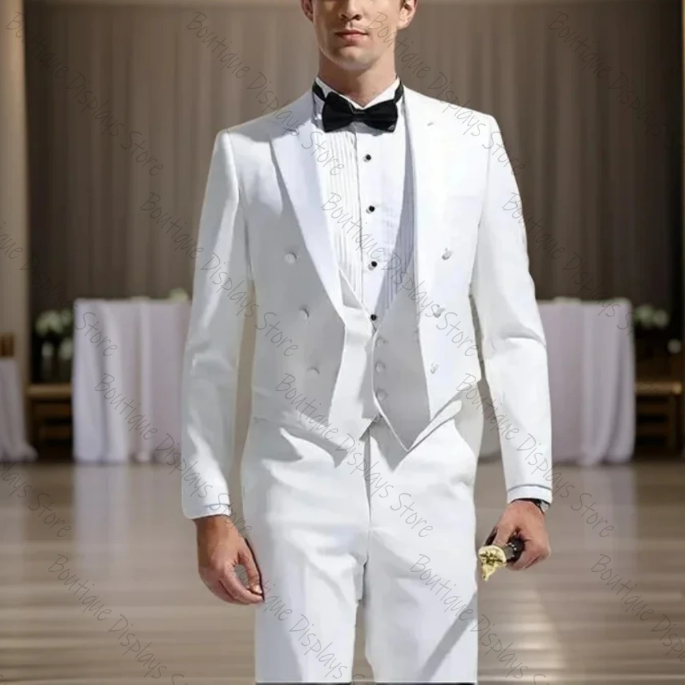 White Italian Tailcoat Men Suits Wedding Groom Tuxedos Double Breasted Costume 3 Pcs (Blazer + Pants + Vest)