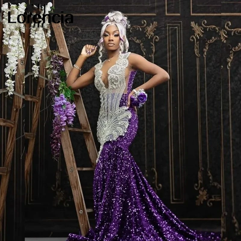 

Lorencia Stunning Purple African Mermaid Prom Dress For Black Girls Crystal Beading Evening Party Gown Robe De Soirée YPD25