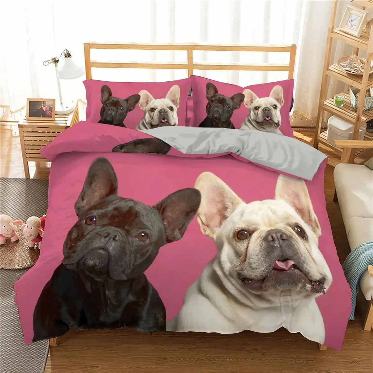 

English Bulldog Duvet Cover Set, Microfiber Animal Photography Bedding Set with Pillow Shams, QueenKing Size, Pink Black Yellow