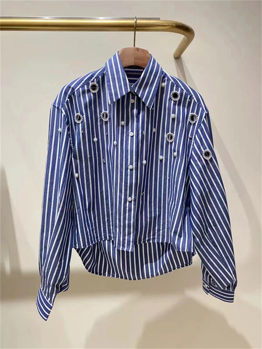 

Women Blue Stripes Blouse Hollow Out Rhinestone Beaded Decoration Lady Turn-Down Collar Irregular Hem Fashion Shirt Top