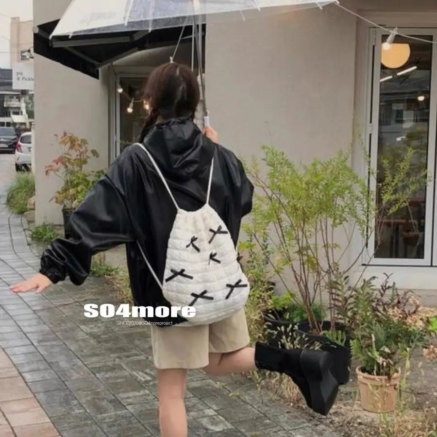 LEFTSIDE Black Bow Design Cotton Drawstring Backpack 2023 Winter Korean Fashion Y2K Big Soft Backpacks Lady Back Pack