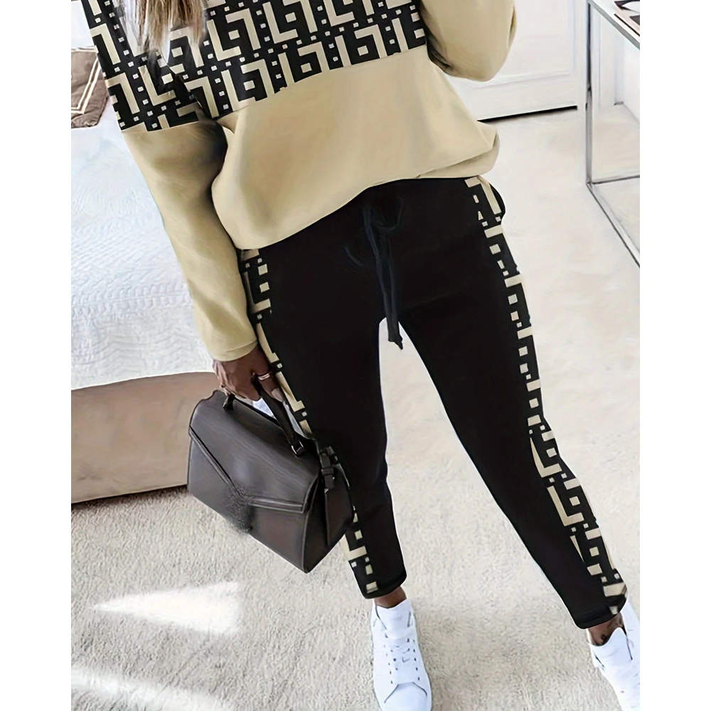 Suits for Women Geometric Print Zipper Front Long Sleeve Top & Pants Set Casual Femme  Work Out 2 Pieces Suits Set Women y2k