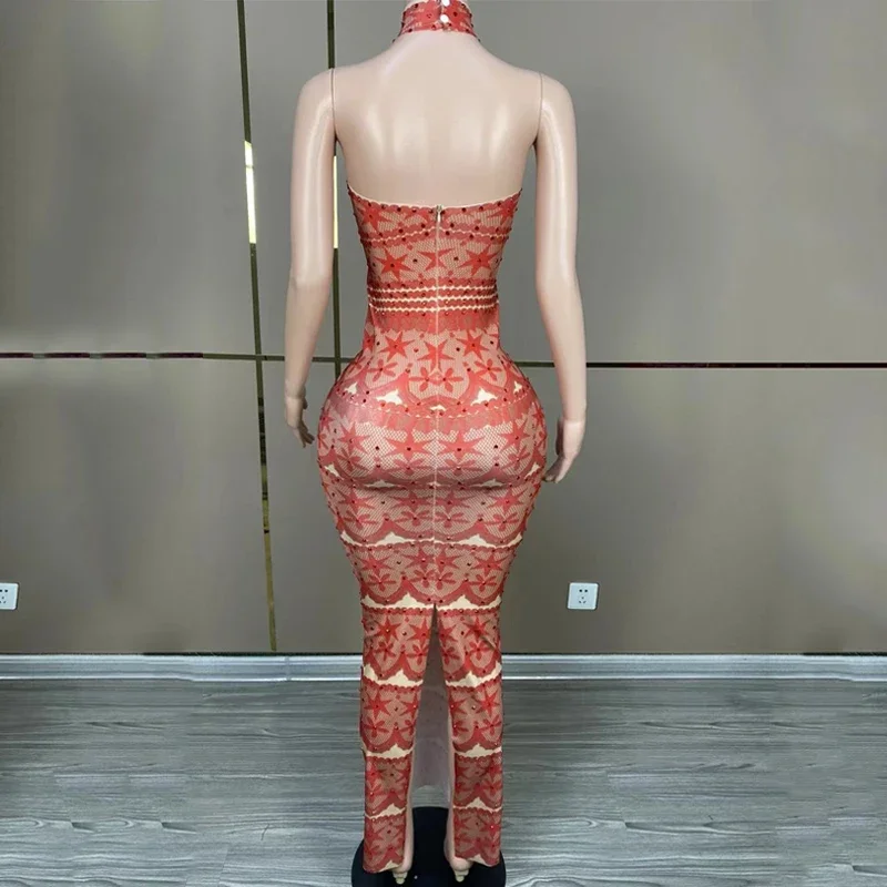 새로운 여성 파티 웨딩 축하 의상 레드 라인스톤 롱 드레스 무대 캣워크 가운 의상 축제 의상 클럽웨어