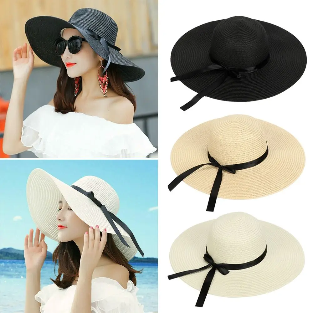 Women Beach Hat Foldable Floppy Straw Caps Big Wide Brim Summer Bow Cap Straw Cap Sun Hat