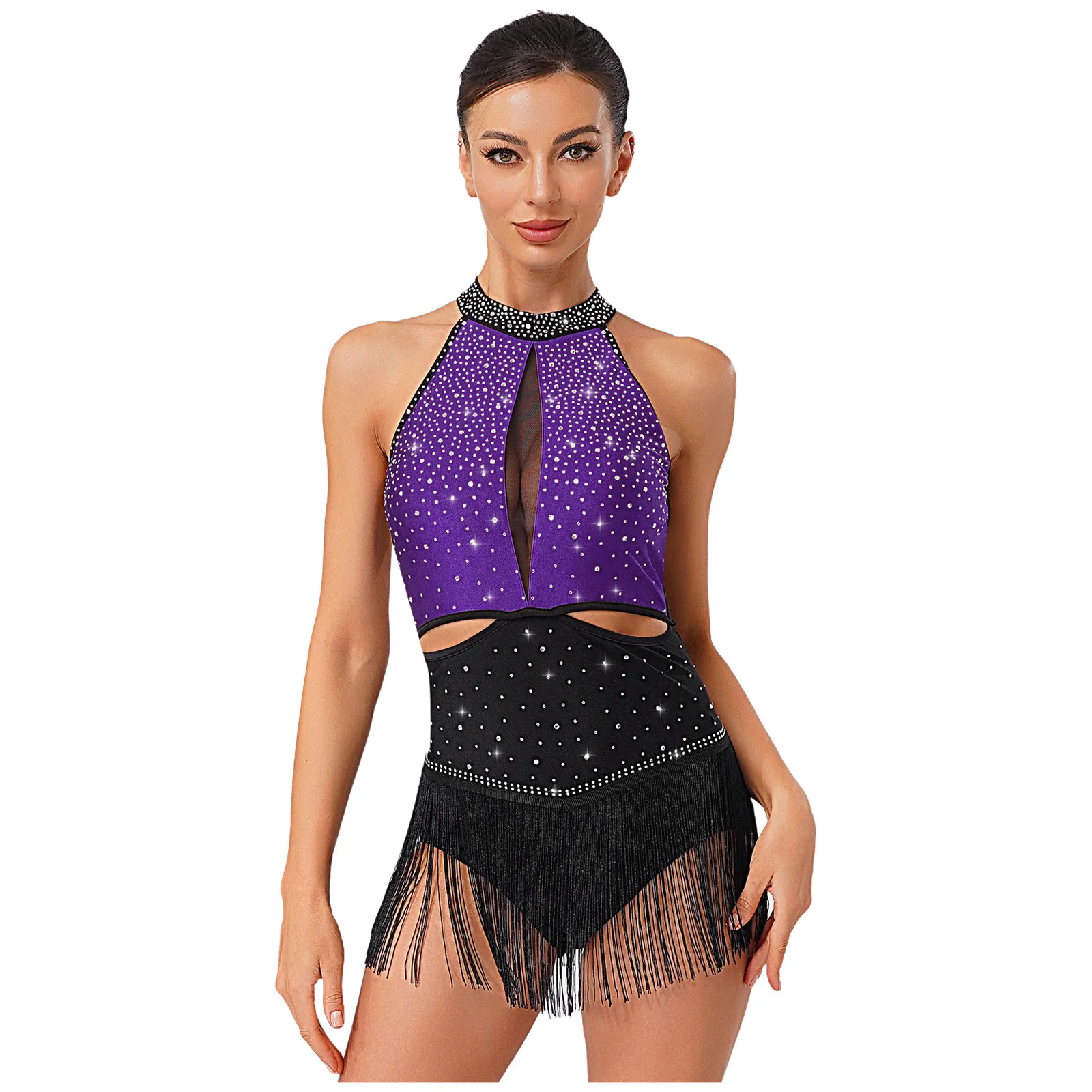 

Stunning Backless Jazz Latin Dance Leotard Sparkling Rhinestones And Contrast Color Tassel Skirt for Women Cha Cha Rumba Samba