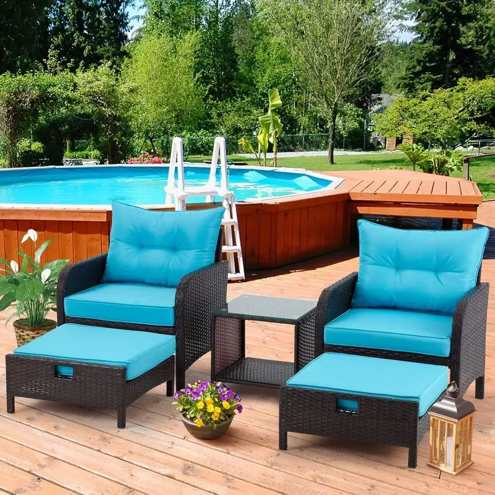Blue 5-Piece Outdoor Patio Furniture Set with Rattan Chairs, Tempered Glass Coffee Table, Ottomans, and Seat Cushions for Garden