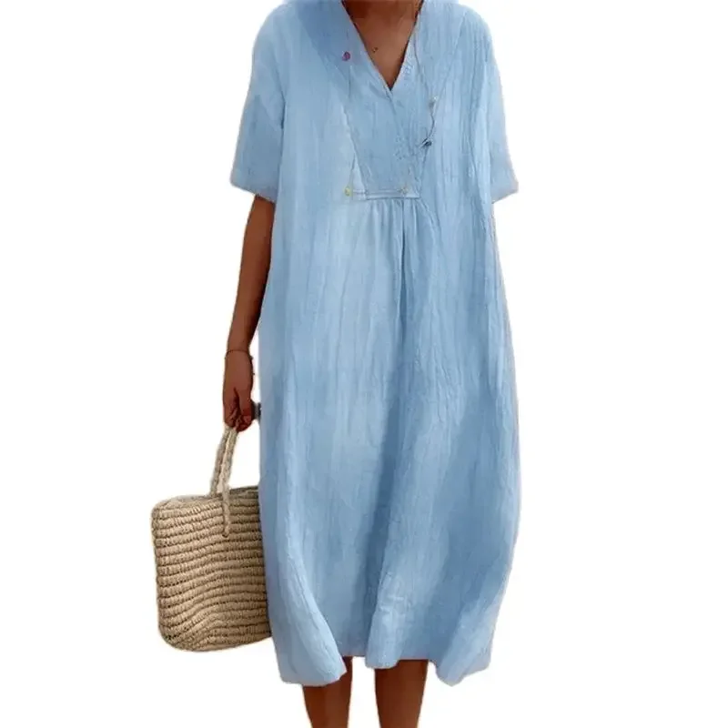 Korean Comfortable Casual Cotton Linen Women Dress Summer New V Neck Pullover Short Sleeve Dresses Female Beach Style Loose Gown