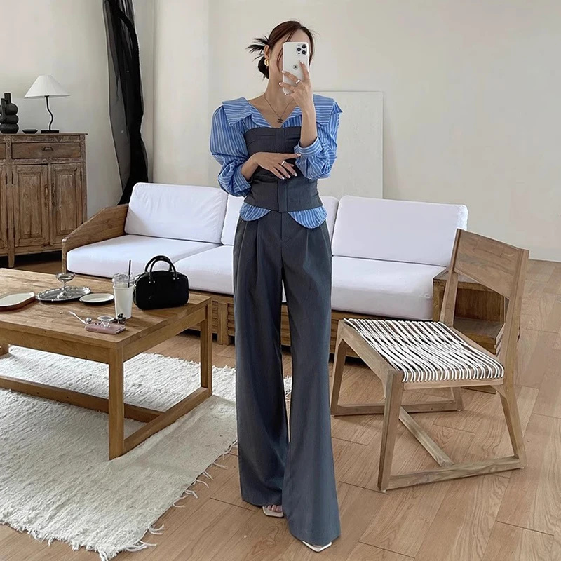 Retro ลายยาว Sve irt + Layered Wrap Top + Draped West กางเกง Tee ชิ้นชุด Chic ฤดูใบไม้ร่วง Faion ผู้หญิงชุด