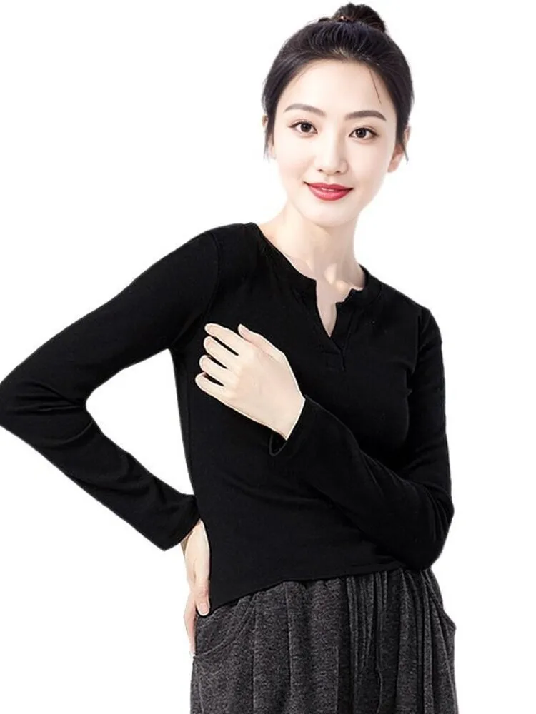 솔리드 컬러 V 넥 긴 소매 슬림 피트 탑 여성용, 현대 무용 훈련, 발레 연습, 무대 공연 착용