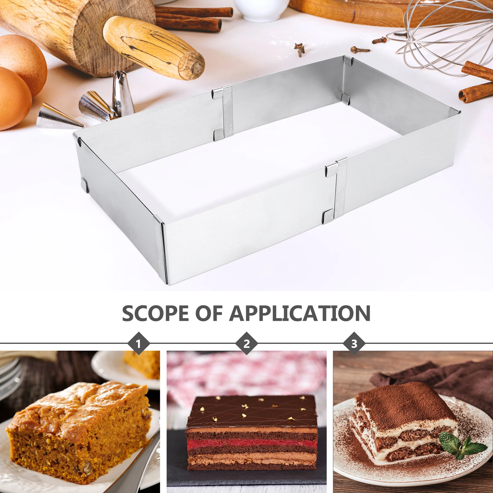 

Adjustable Square Mousse Cake Mold Stainless Steel Baking Tool for Home Hotel Restaurant Coffee Shop Cake Mold