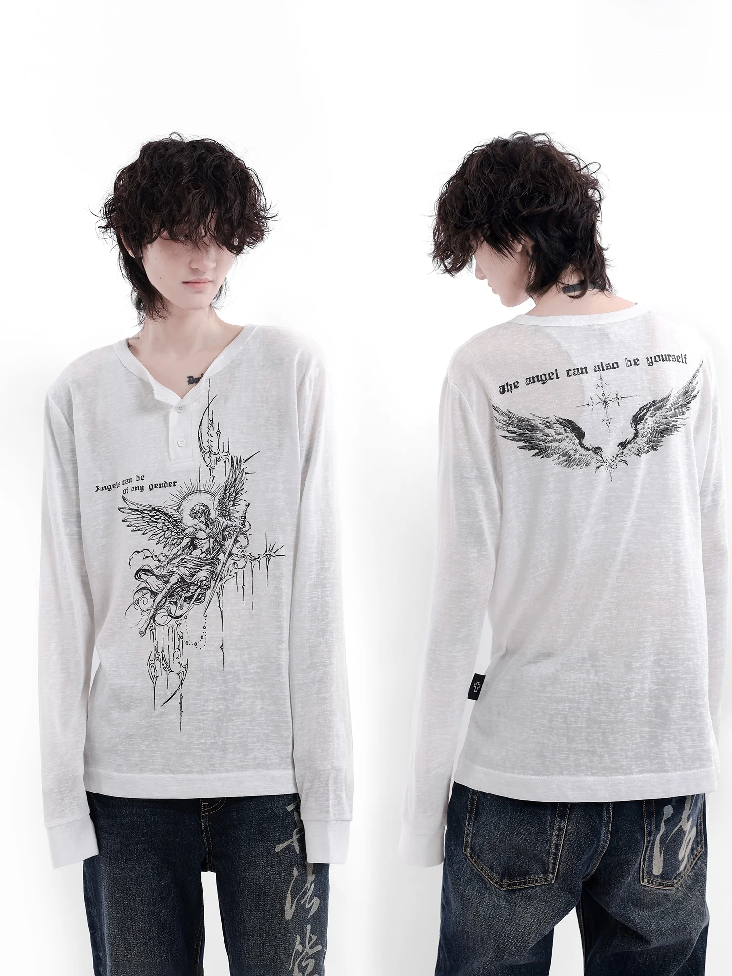 Angel Wings Snowflake Texture Black White Henry Collar Ruffle Comfortable Lightweight Loose Long Sleeve Men's T-shirt