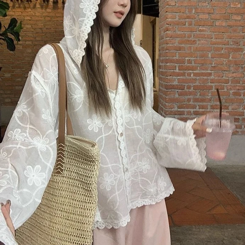 

Women Summer Thin Sheer Boho Style Hoody Shirt Blouse Summer Floral Embroidery White Beige Cotton Lace Top Front Button Cardigan