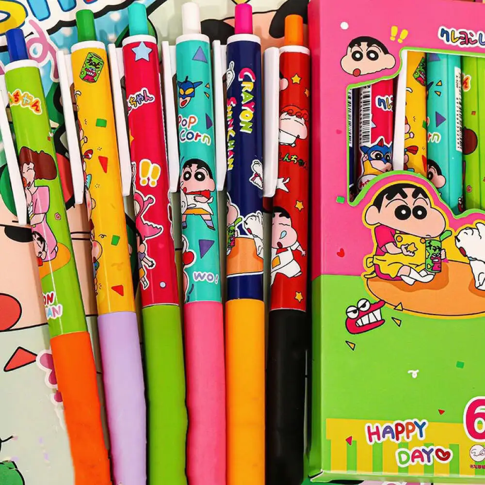 6PCS Crayon Shin-chan Black Carbon Pen Cartoon Pressing 0.5mm Carbon Pen Neutral Pen Writing Smoothly Durable Pens Stationery