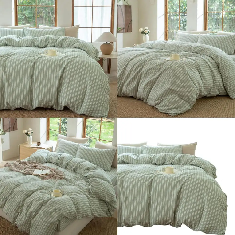 

Sage Green and White Striped Duvet Cover,100% Washed Cotton Breathable and Linen Like Bedding Set(Strip-Sage Green/White,Queen)