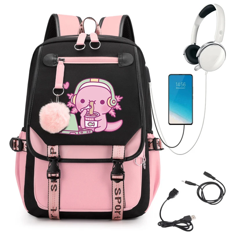 Cute Axolotl School Bag for Children, Mochila de Noodles Instantânea, Anime Primária Bagpacks para Meninas, Mochila Escolar Adolescente para Meninas