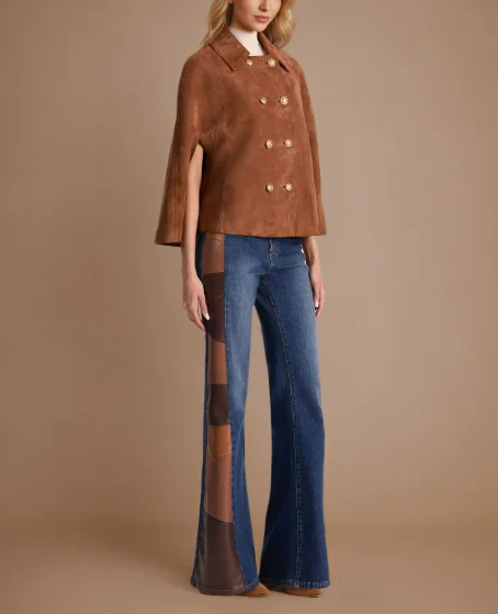 Women's Jacket 2026 Spring Autumn Retro Loose Fit Double Row Metal Buckle Design Turn-Down Collar Brown Suede Cape Jacket