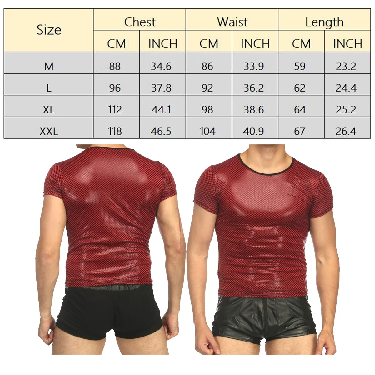 Men's Sexy Faux Pu Leather T-shirts Solid Color Nightclub Stage Performance Tees Slim Short Sleeve Tops Male Fitness Plaid Shirt