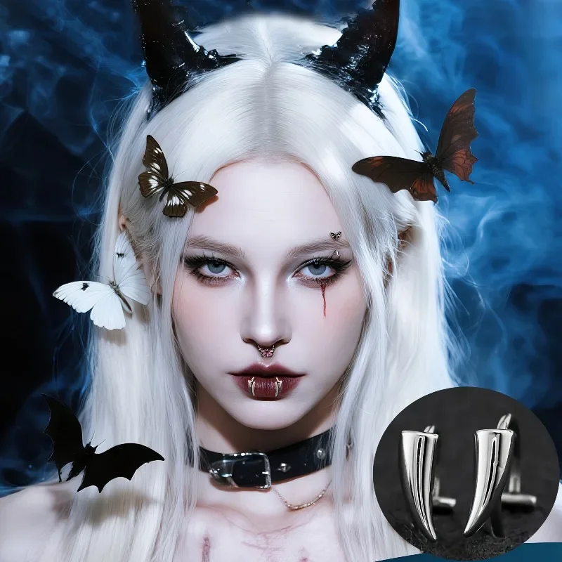 2Pcs Halloween Horror costume props/accessories- Fake Lip Rings - Vampire Fangs Adjustable No-Piercing Stainless Steel Unisex