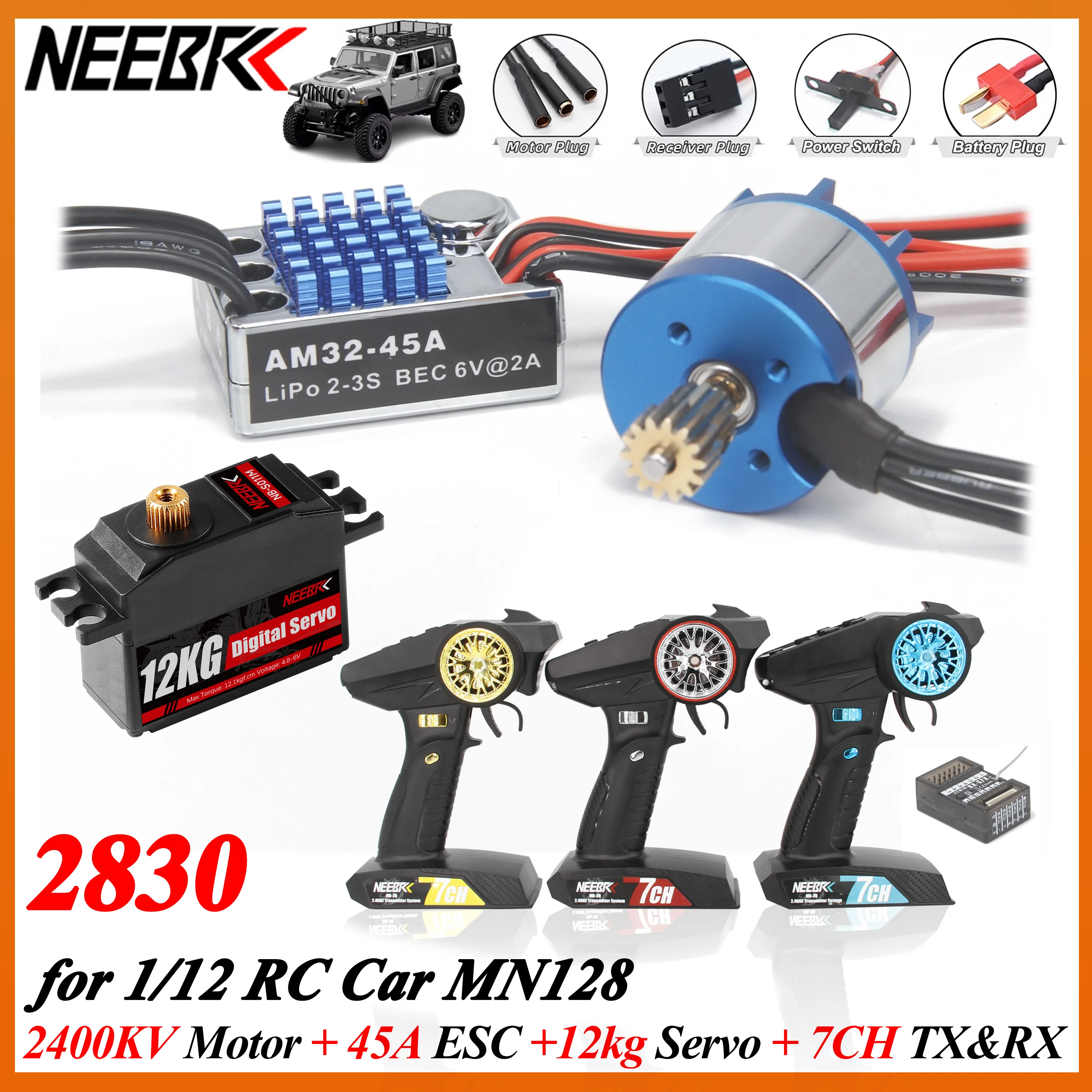 2830 2400KV Motore Brushless AM32 45A ESC 12kg Servo 7CH Trasmettitore Ricevitore Spina Luce 6pin per RC Auto MN128 Kit di Alimentazione di Aggiornamento