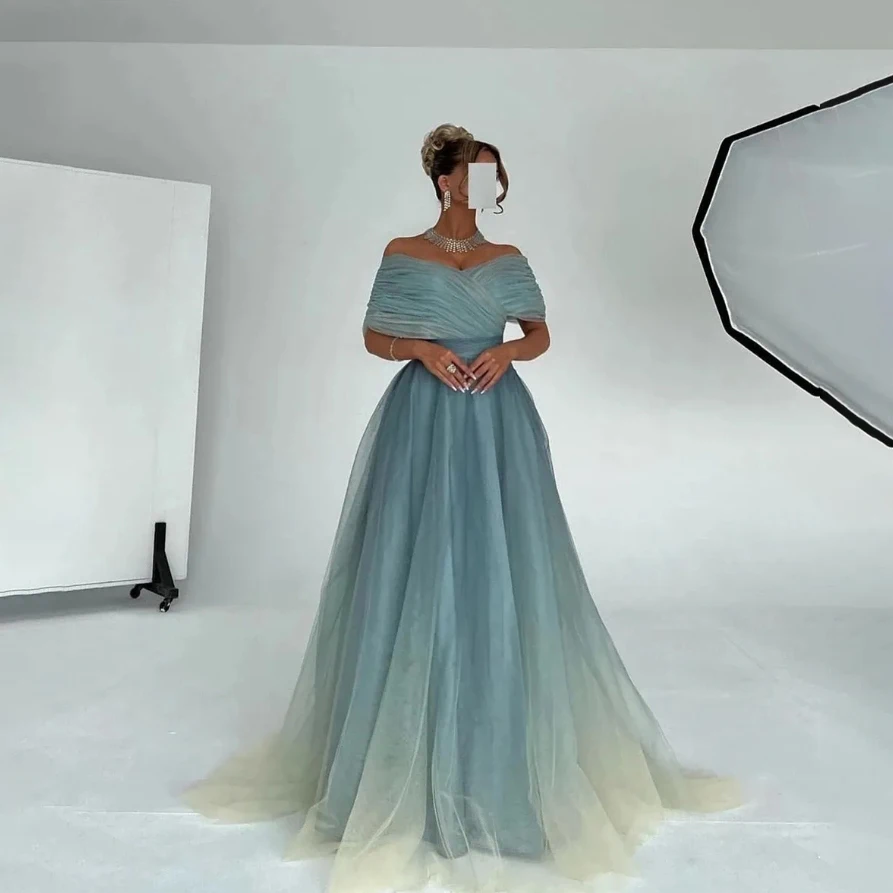 

Blue Tulle Off Shoulder A Line Party Prom Dress For Woman Designer Sexy Evening Dress Summer Girl Dresses