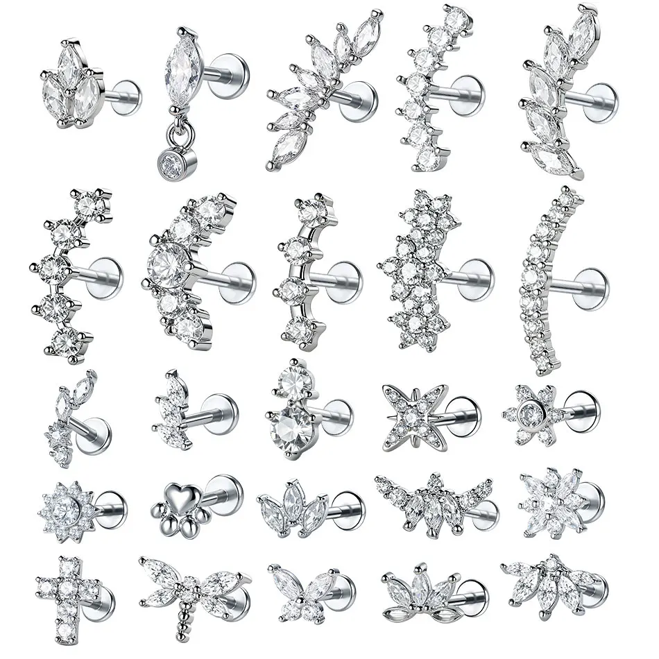 1 pièce Boucles d'oreilles clous en acier et cuivre avec zircon, motif fleur, à dos plat, pour piercings lobe, hélix, tragus, cartilage, Méduse, bijoux pour femmes 16G