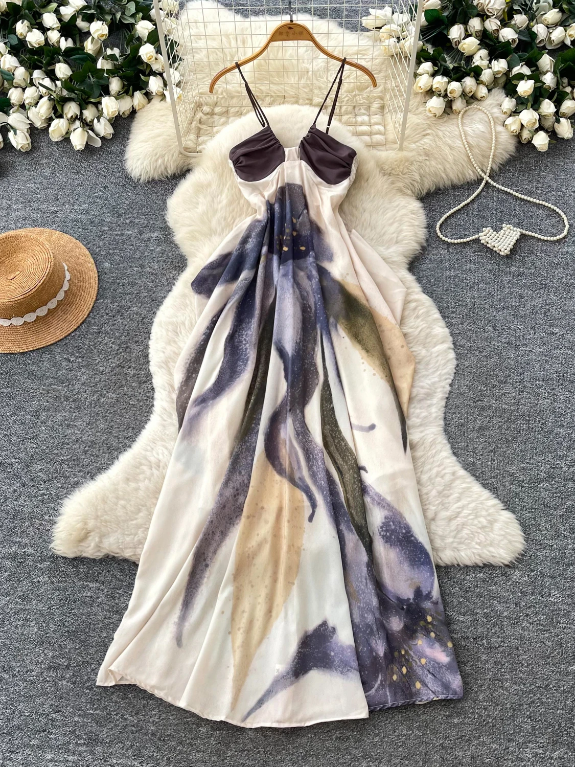 Vacation Style Gradient Print Halter Dress Women's High Waist Slimming Long Fairy Skirt Summer Season Polyester Fiber A-Line ...