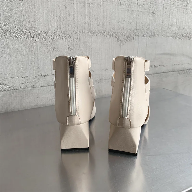 Open Peep Toe Ankle Boots Summer Cut Out Hollow Sandals Chunky Cuban Low Heel Booties Casual Shoes Girl Sandals Apricot Black