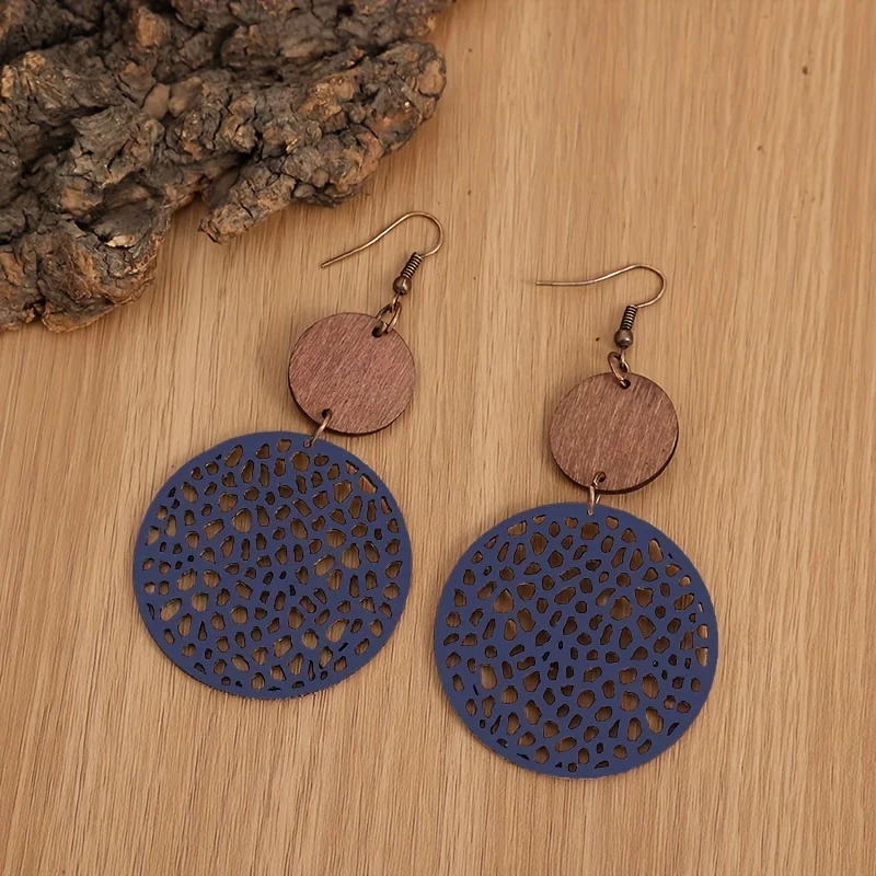 Hollow Out Round Drop Earrings Bohemian Vintage Wooden Leather Earrings Jewelry Gift Accessories For TeenGirls Women Fall Winter