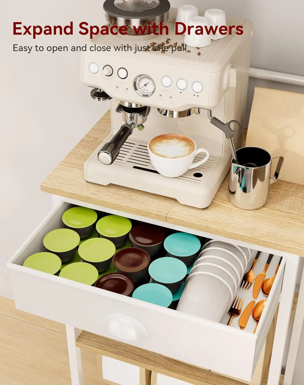 محطة بار قهوة قابلة للتعديل مكونة من 5 طبقات مع أدراج وخطافات قماشية للمطبخ أو غرفة المعيشة