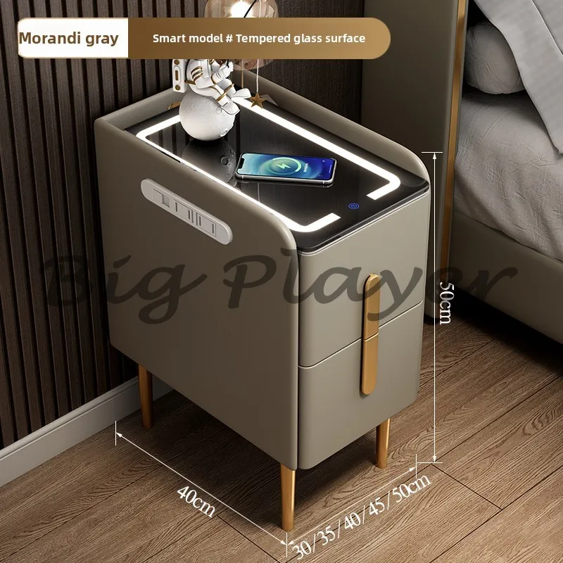 

Solid Wood Slate Leather Minimalist Modern Mini Bedside Table Bedroom Intelligent Internet Celebrity Light Luxury Ultra-narrow