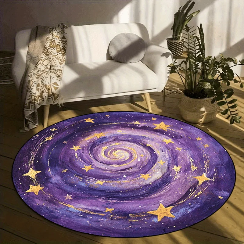 Galaxy Sternennacht Runder Teppich Rutschfest Lila Gold Weltraum-Thema Wohnzimmer Schlafzimmer Terrasse Deko Waschbarer Teppich