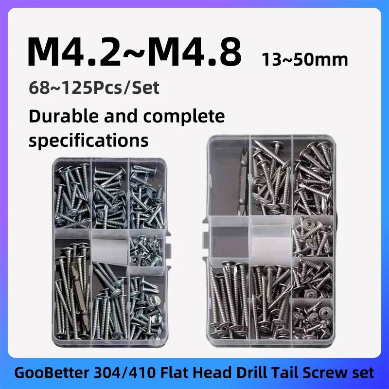 

68~125 Pieces Drill Tail Wood Screw Set M4.2 M4.8 13~50mm 304/410 Stainless Steel Phillips Flat Head Wood Screw Set