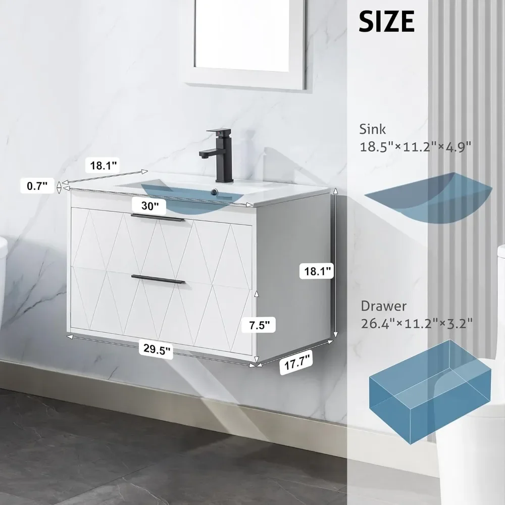 Bathroom Vanities Cabinet with Sink Combo, Wall Mounted Floating Cabinet W/Decor Line, Soft-Close System, 2 Extra Big Drawers