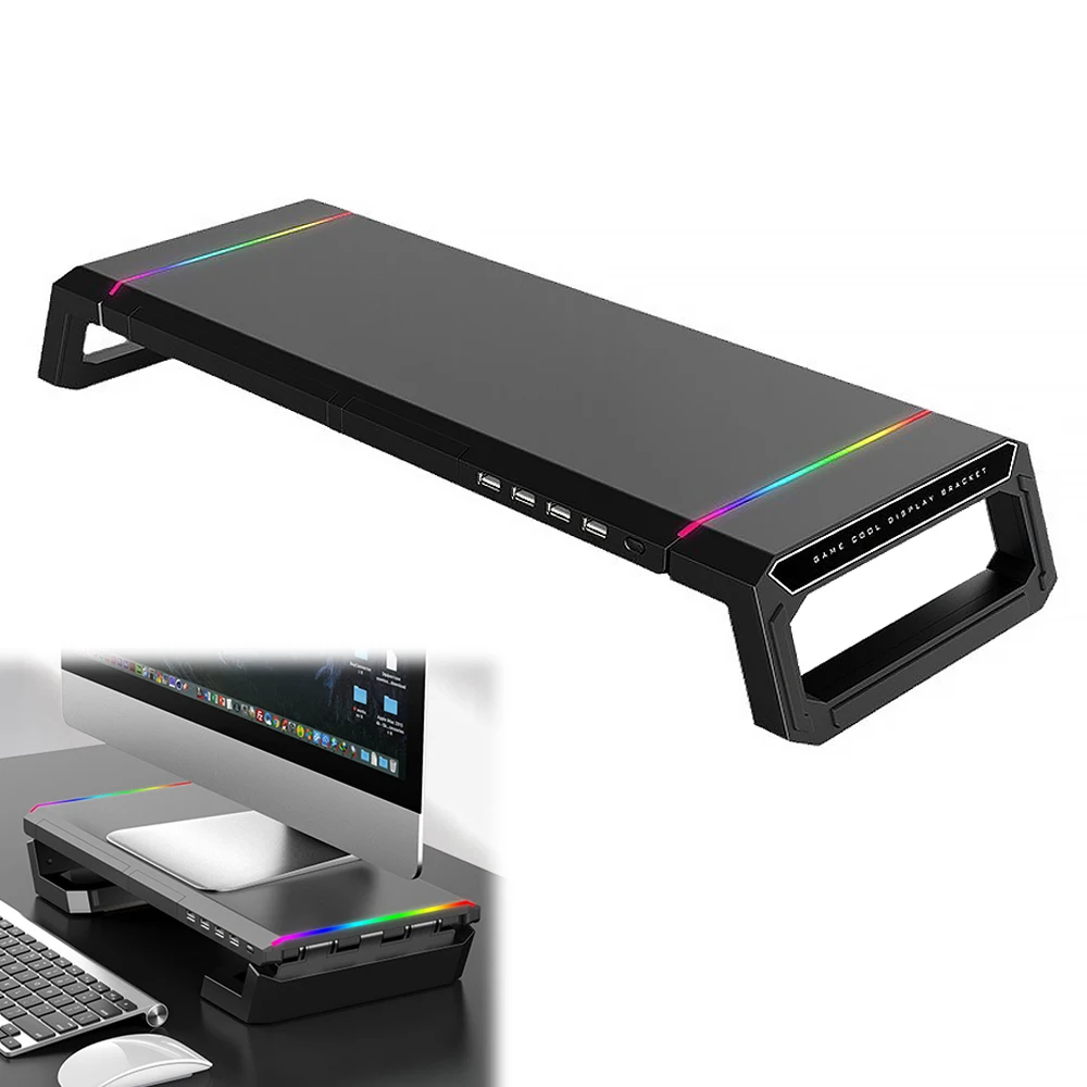 Soporte Ajustable para Monitor con Estante de Almacenamiento para Escritorio, Organizador de Computadora con Iluminación RGB e Interfaz de Carga para Oficina en Casa