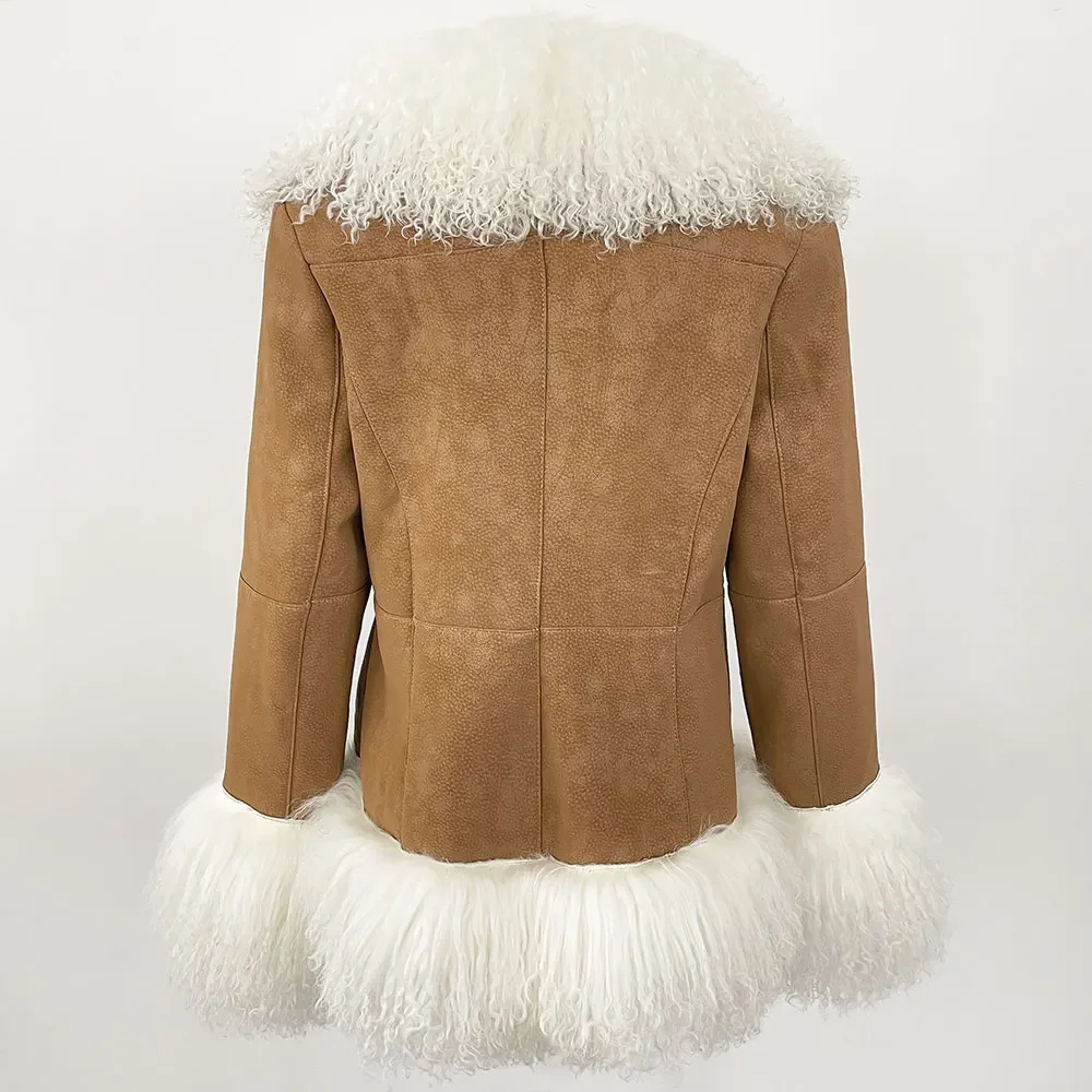 OFTBUY New Winter Warm Curly Mongolia Sheep Fur Jacket Women Vintage Shearling Coat Slim Faux Suede Real Rabbit Fur Clothing