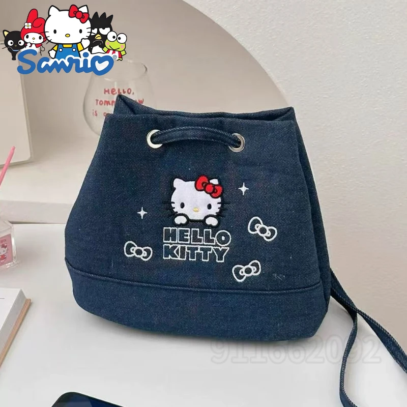 

Sanrio Hello Kitty New Fashion Mini Backpack Cartoon Cute Denim Drawstring Women's Backpack Embroidered Fashion Women's Bag