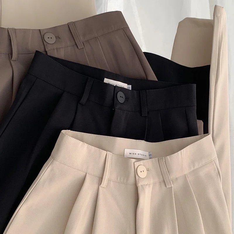 Pantalones de traje de cintura alta para mujer, pantalones rectos de oficina para mujer, pantalones de moda coreana, pantalones negros holgados con botones informales para mujer, novedad de 2024