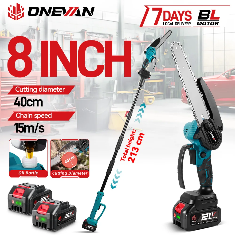 ONEVAN 8-Zoll 2-in-1 Bürstenlose Elektrische Kettensäge Kabellose Hochastsäge Garten-Baumschneidewerkzeug für Makita 18V Akku