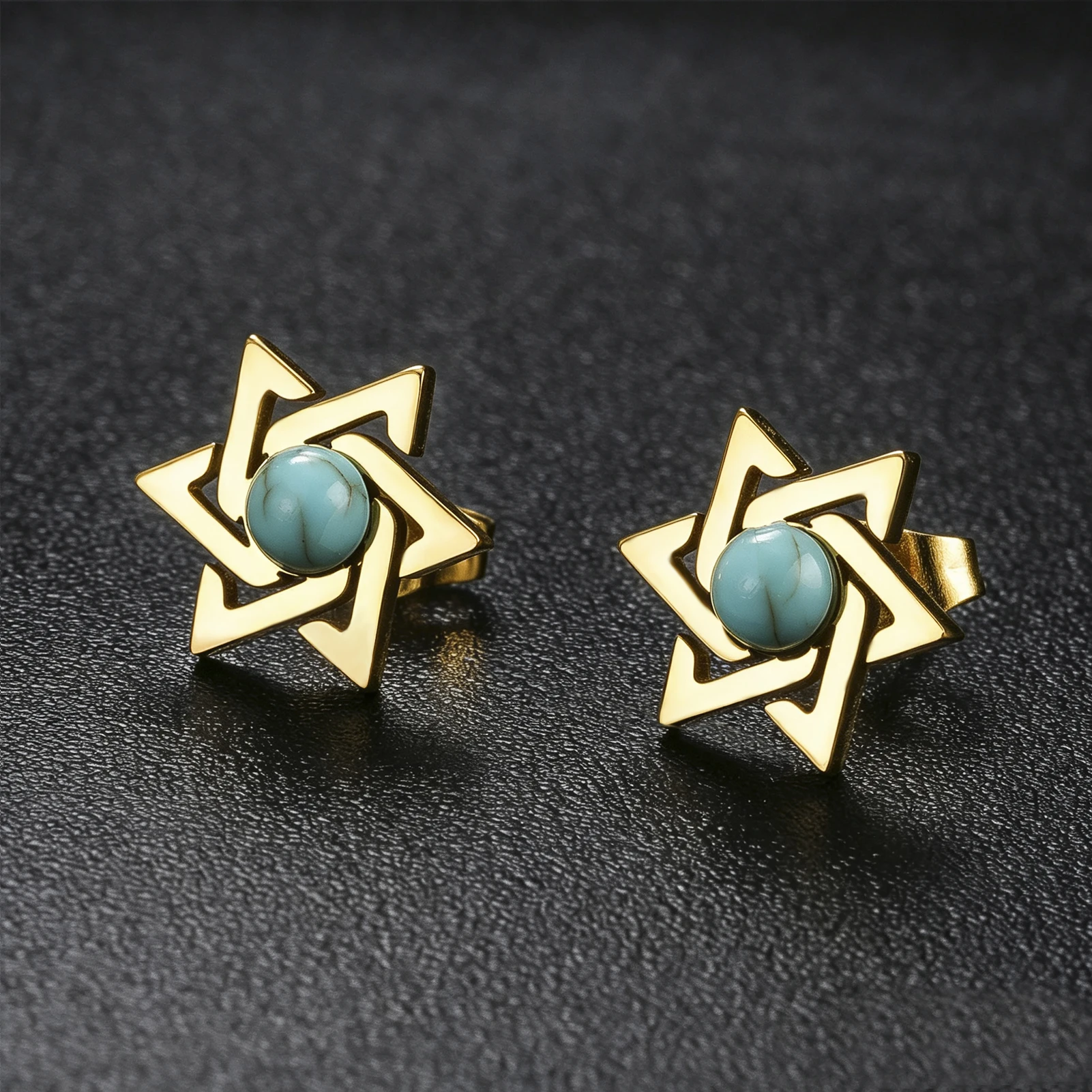 Hexagram Star of David Earrings Turquoise Inlaid Stainless Steel Ear Studs Vintage Mystic Symbol Amulet Jewelry for Women