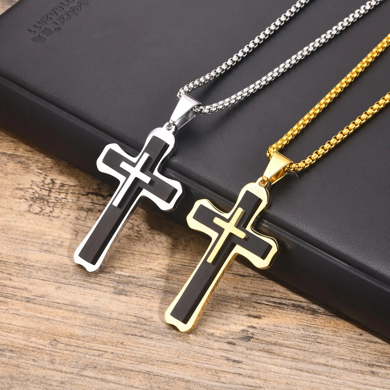 Vnox Chunky Heavy Mens Cross Necklaces, 3 Layers Cross Pendant with Box Chain, Christian Religious Faith Prayer Jewelry Gift