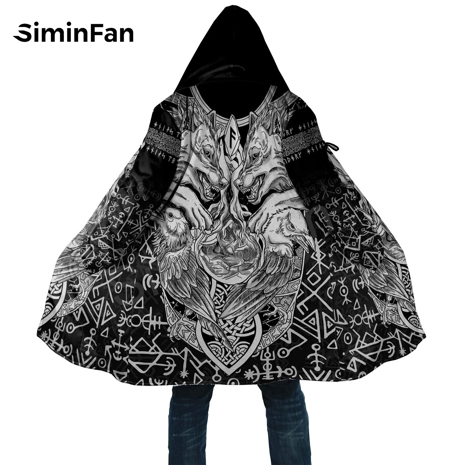 Viking Fenrir Wolf 3D Printed Mens Hooded Cloak Windbreaker Winter Thick Flannel Coat Unisex Casual Cashmere Warm Cape Jacket 03