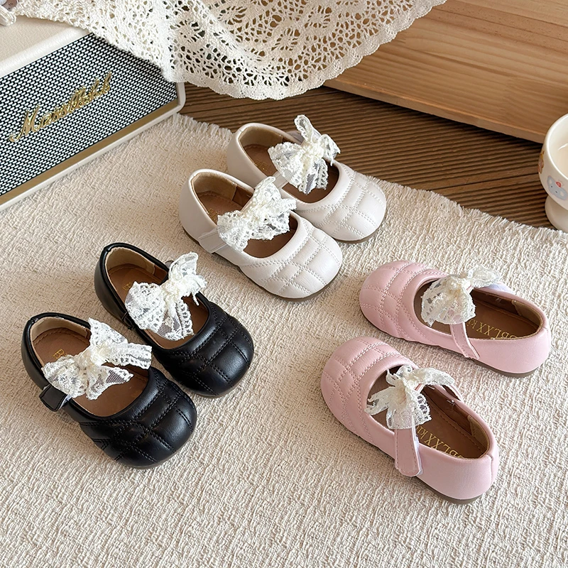 

Girls Mary Jane Shoes with Lace Bow-knot Lolita Style Children Leather Shoes for Party Wedding Non-Slip Kids Flats Princess Shoe