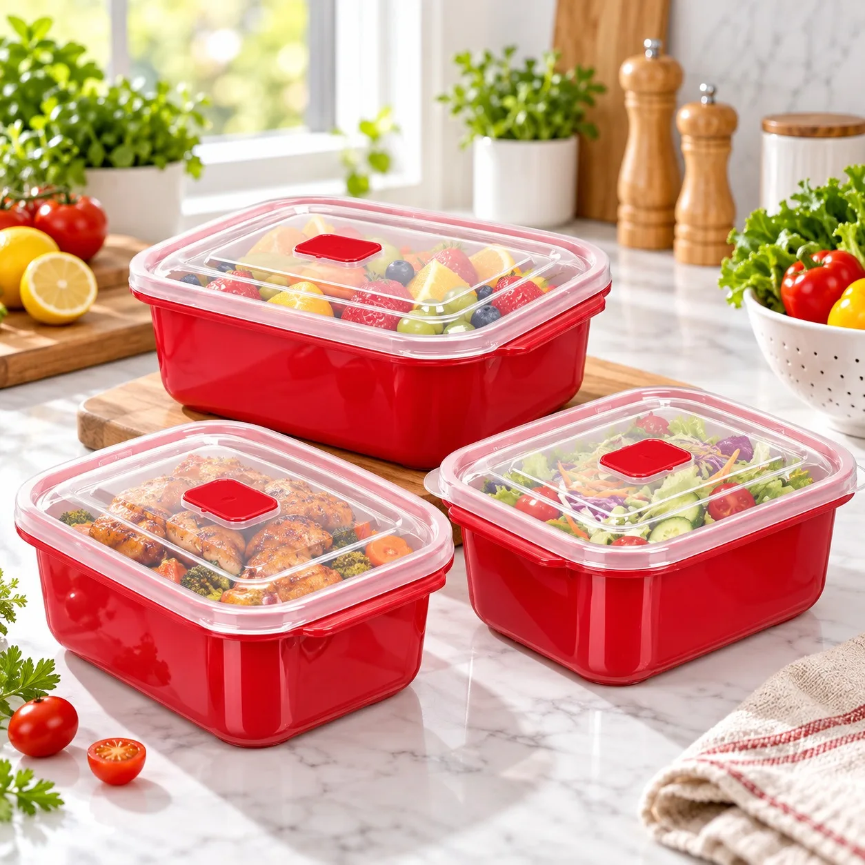 Juego de 3 recipientes de plástico rojo para guardar alimentos, aptos para microondas, con tapa hermética y válvula para transportar el almuerzo y los restos de comida. Capacidad de 1 litro y 2 litros.