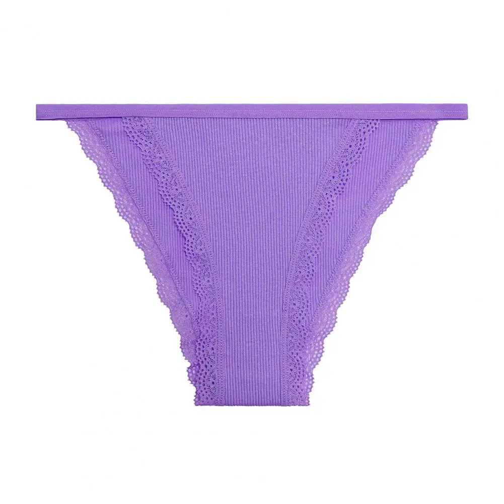 

Stylish G-string Briefs Ribbed Triangle Cutting Sexy Lace Trim Women T-strap Briefs Elastic Women Briefs Inside Wear