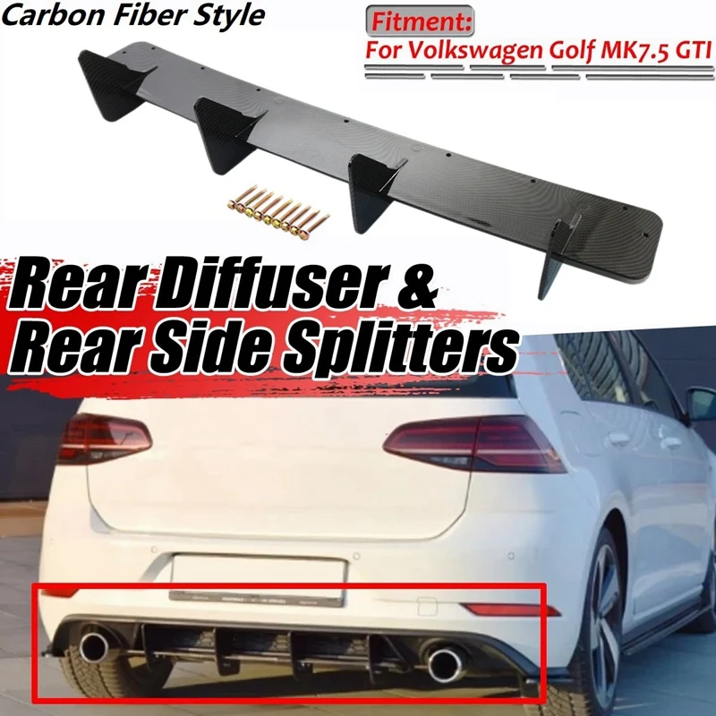 NEW-Rear Bumper Lip Diffuser Valance Spoiler Side Splitter 4 Fins For Golf 7.5 MK 7.5 Carbon Fiber Style