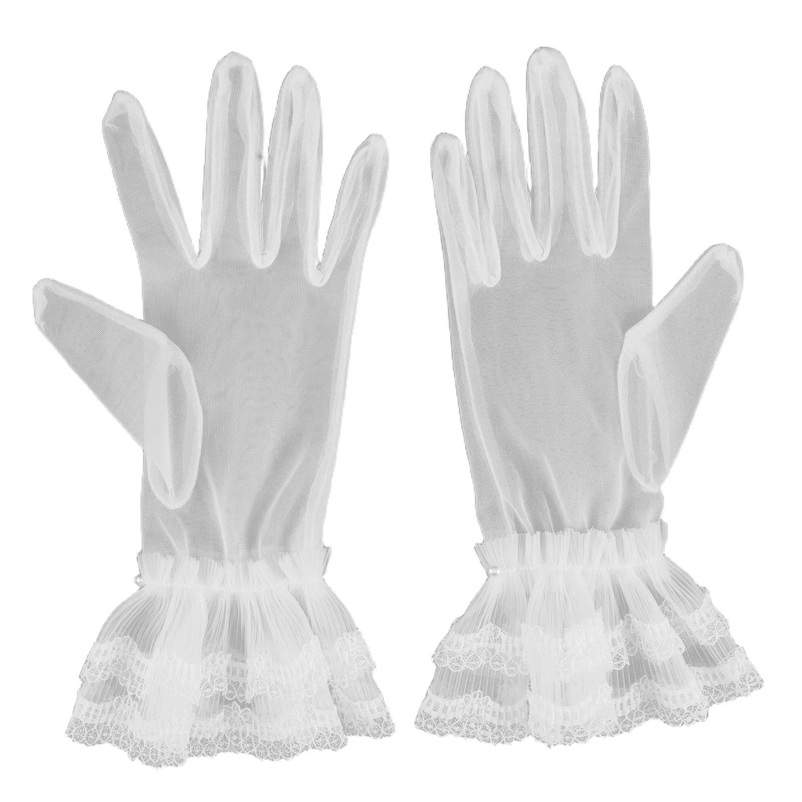 

1 Pair White Short Lace Gloves Women Elegant Floral Pearl Tea Party Wedding Bridal Gloves Vintage Mesh Prom Costume Accessories