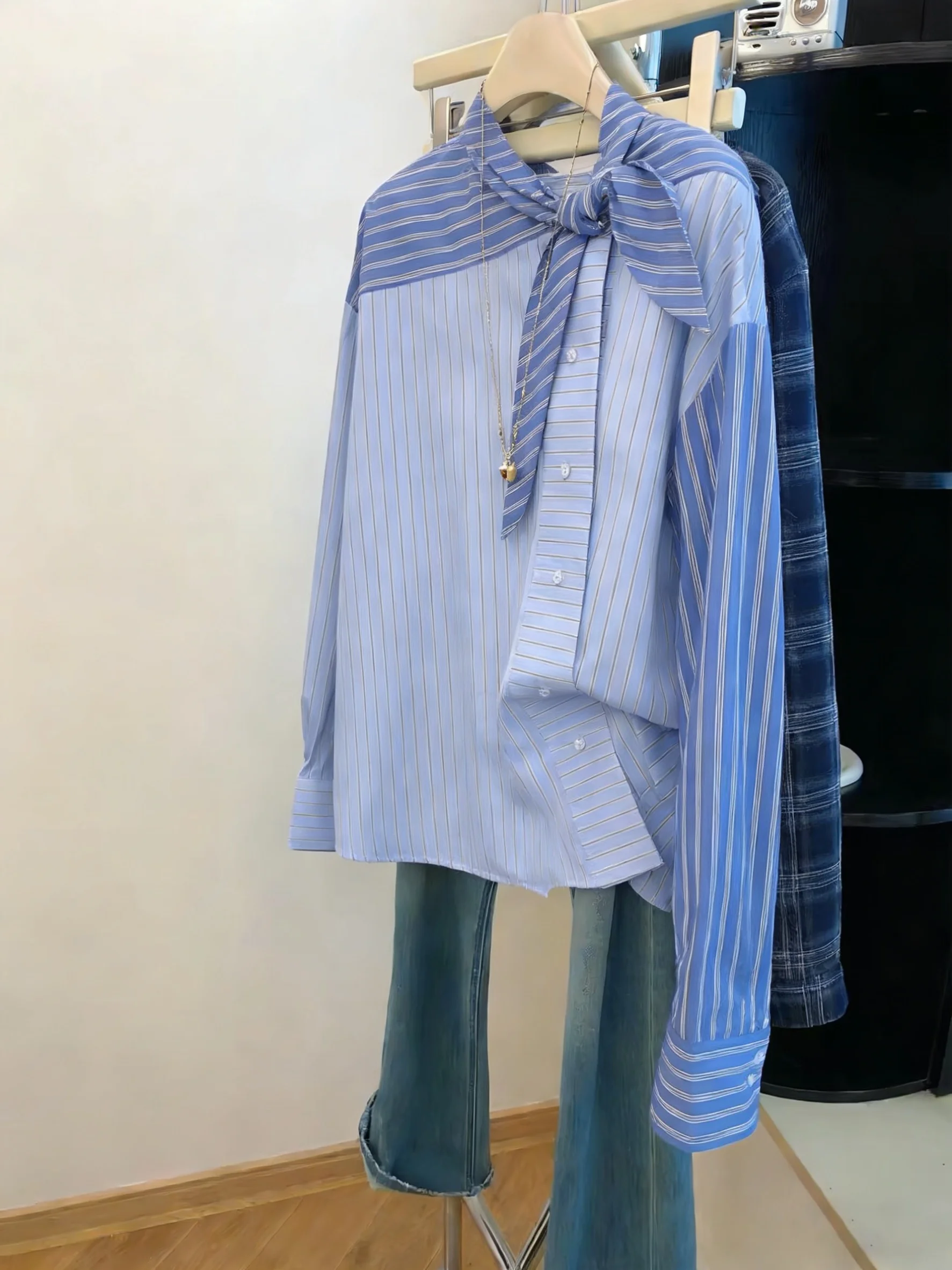 

Retro Striped Color Blo Long Sve irt Women's Spring Autumn Loose Slimming Top Casual Sle Loose Fit Striped Blouse