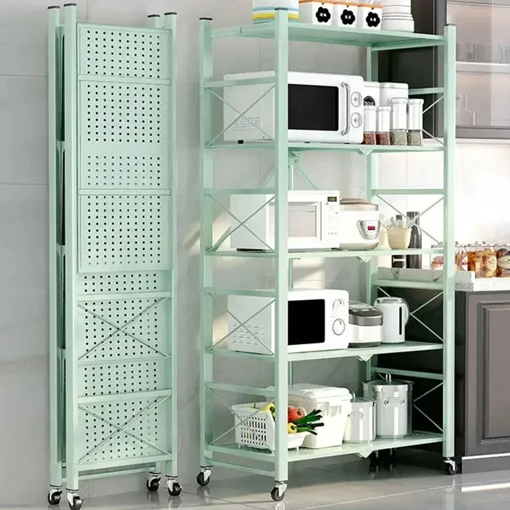 Foldable Large Iron Frame  Multilayer Metal Storage Shelves Multifunctional Kitchen Storage Racks Movable Living Room Bookshelf